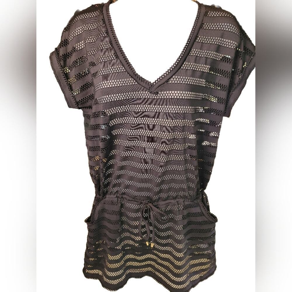 Calvin Klein Blk Sheer Cap Sleeve Swimsuit Coverup.  Sz Med/Lg - Picture 2 of 4